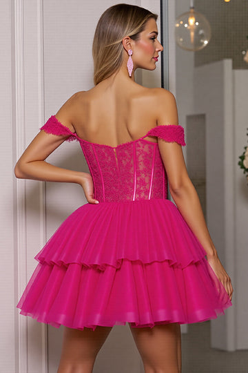 Fuchsia Off The Shoulder Corset A Line Short Prom Dress